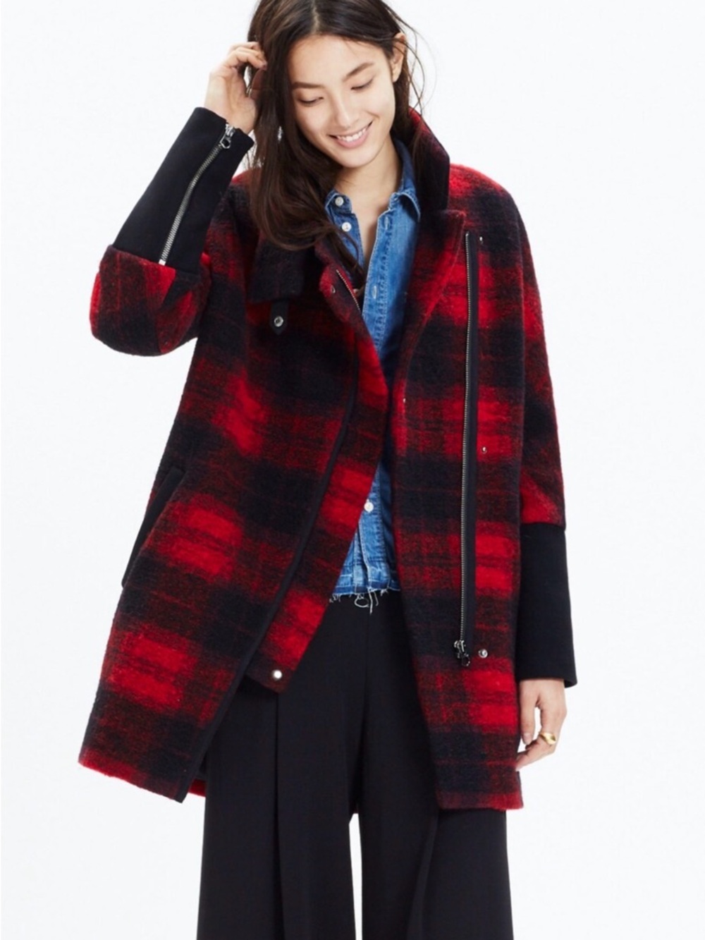 Madewell Flame Red Plaid City Grid Wool Cocoon Coat 0 Oversized - Picture 2 of 8